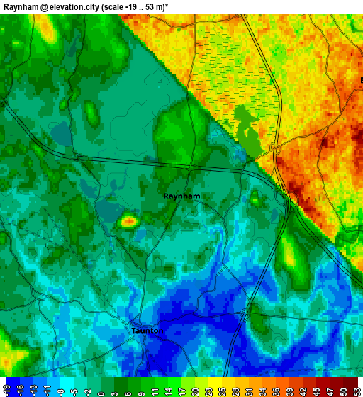 Zoom OUT 2x Raynham, United States elevation map