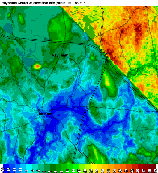 Zoom OUT 2x Raynham Center, United States elevation map