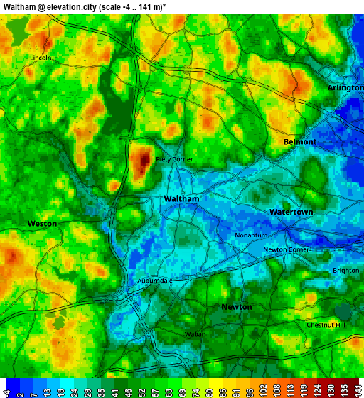 Zoom OUT 2x Waltham, United States elevation map