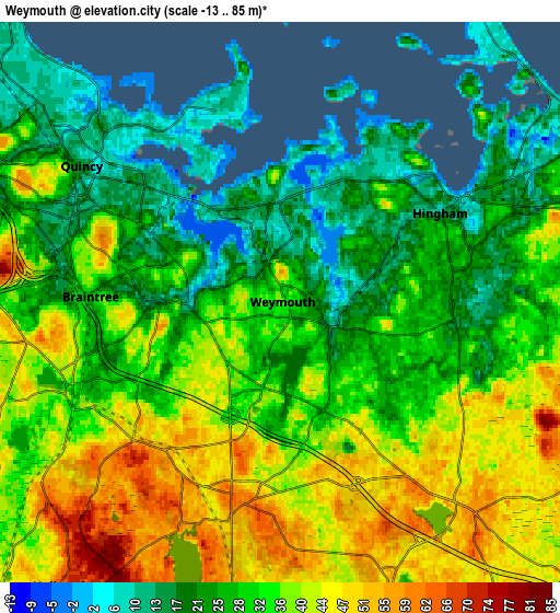 Zoom OUT 2x Weymouth, United States elevation map