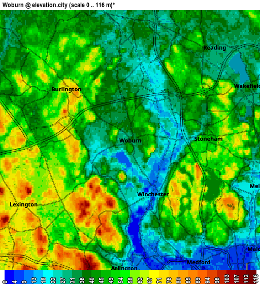 Zoom OUT 2x Woburn, United States elevation map