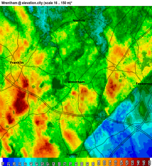 Zoom OUT 2x Wrentham, United States elevation map