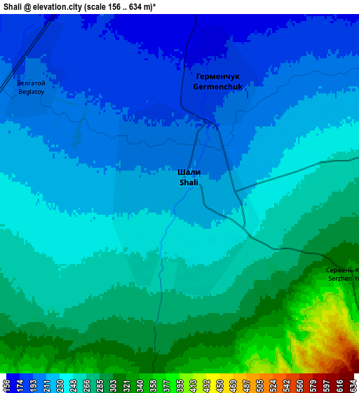 Zoom OUT 2x Shali, Russia elevation map