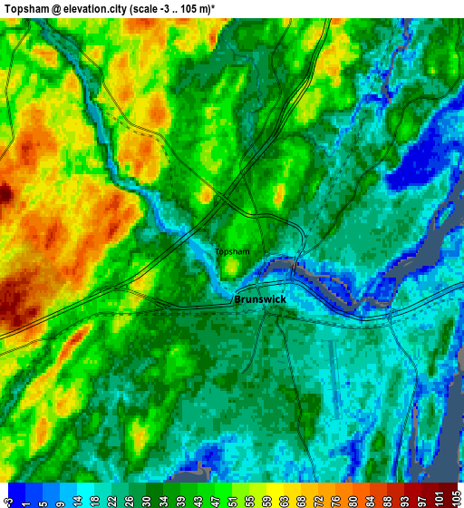 Zoom OUT 2x Topsham, United States elevation map