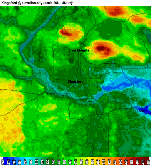 Zoom OUT 2x Kingsford, United States elevation map