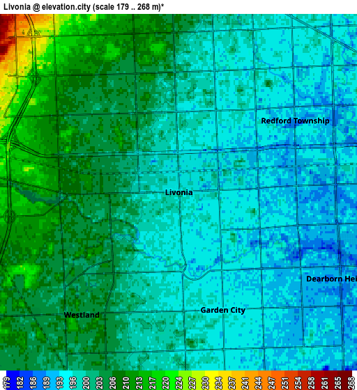 Zoom OUT 2x Livonia, United States elevation map