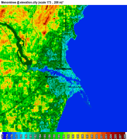 Zoom OUT 2x Menominee, United States elevation map