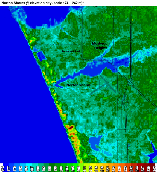 Zoom OUT 2x Norton Shores, United States elevation map