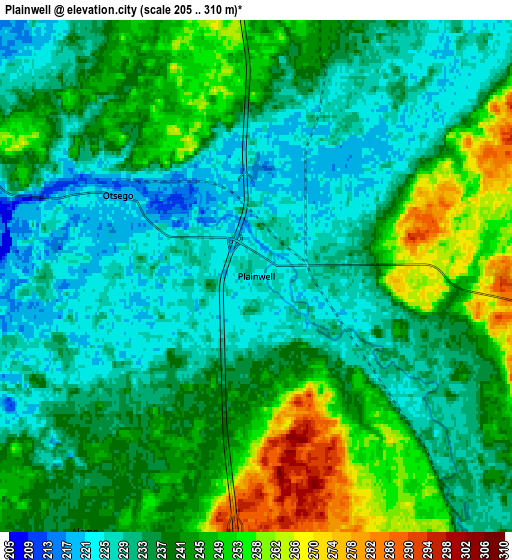 Zoom OUT 2x Plainwell, United States elevation map