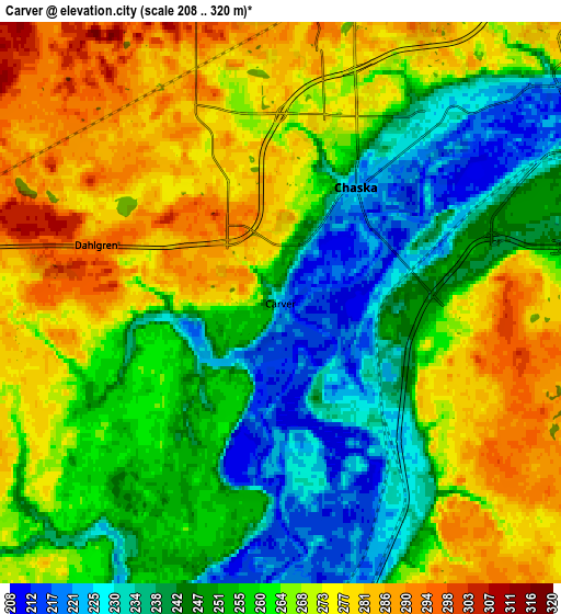 Zoom OUT 2x Carver, United States elevation map