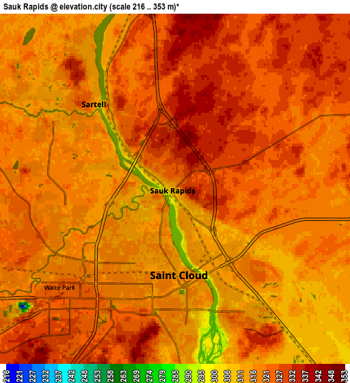 Zoom OUT 2x Sauk Rapids, United States elevation map