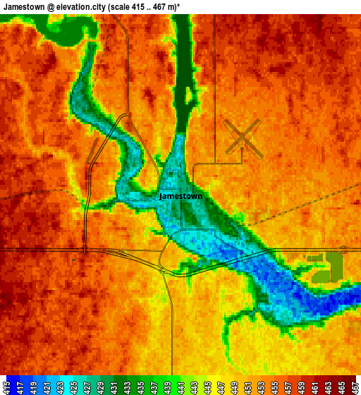 Zoom OUT 2x Jamestown, United States elevation map