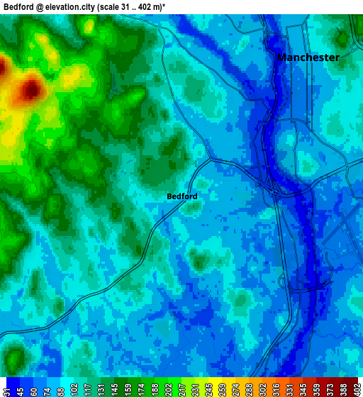 Zoom OUT 2x Bedford, United States elevation map