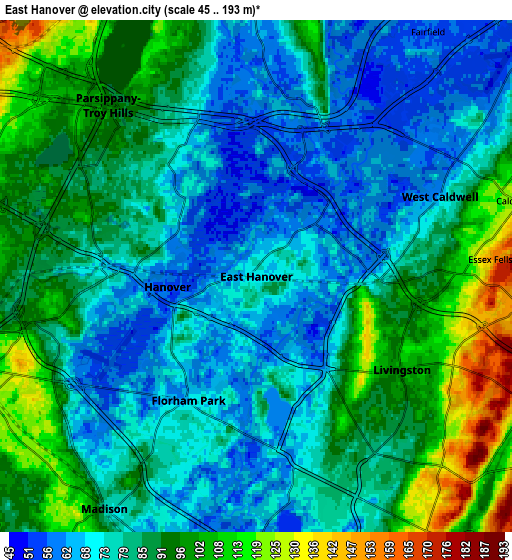 Zoom OUT 2x East Hanover, United States elevation map