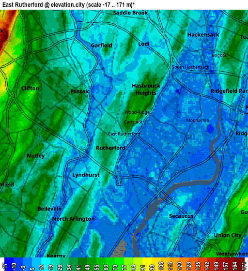 Zoom OUT 2x East Rutherford, United States elevation map