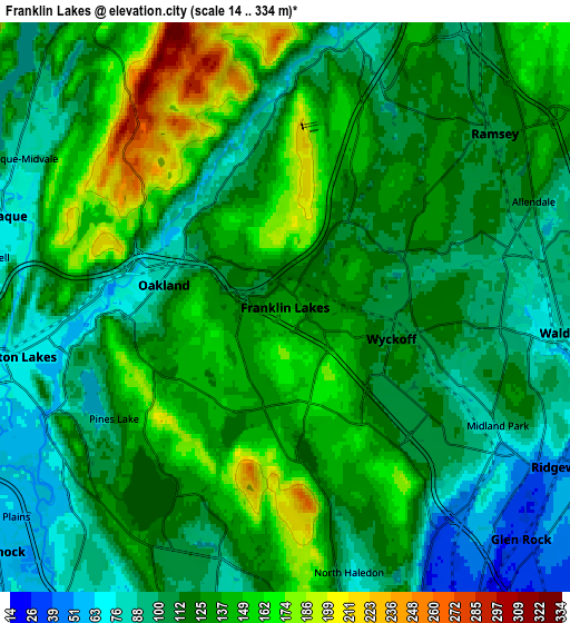 Zoom OUT 2x Franklin Lakes, United States elevation map