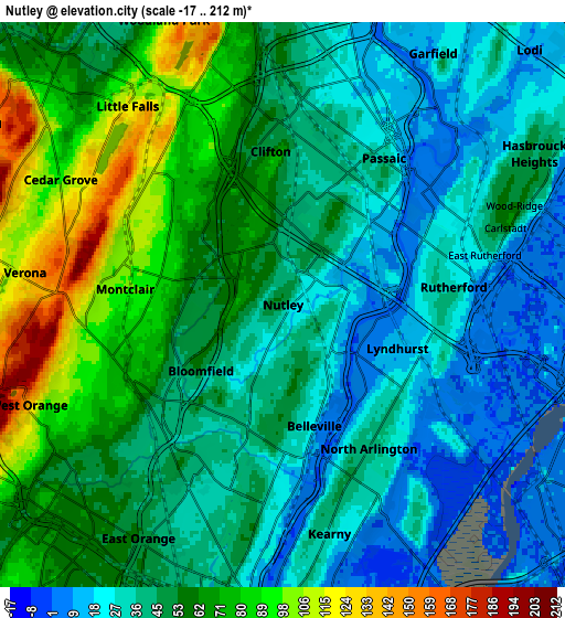 Zoom OUT 2x Nutley, United States elevation map