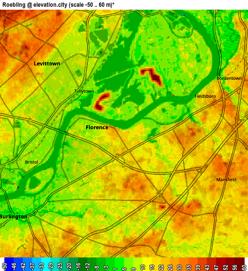 Zoom OUT 2x Roebling, United States elevation map