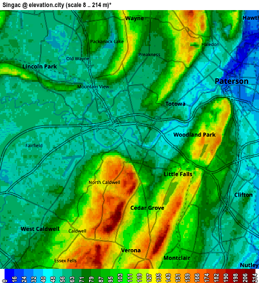 Zoom OUT 2x Singac, United States elevation map