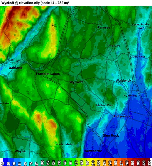 Zoom OUT 2x Wyckoff, United States elevation map