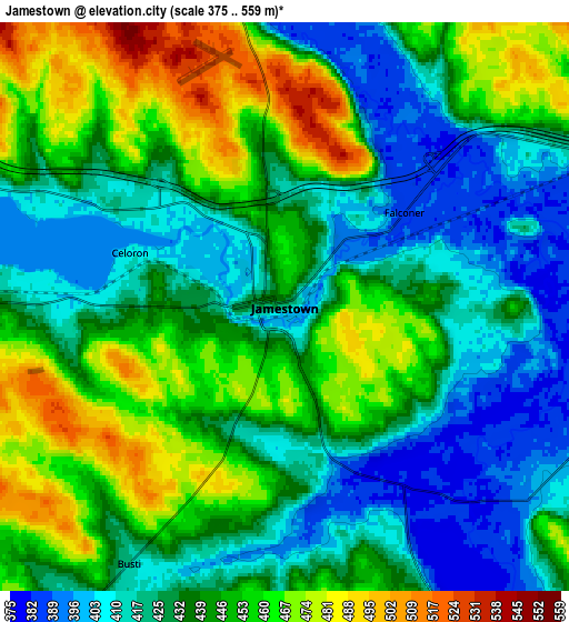 Zoom OUT 2x Jamestown, United States elevation map