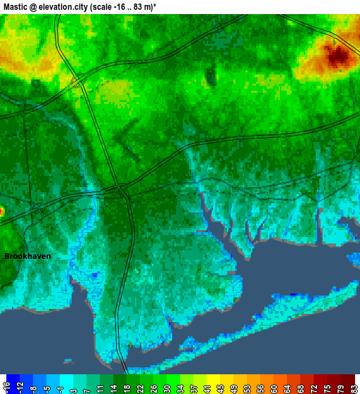 Zoom OUT 2x Mastic, United States elevation map