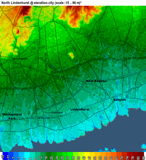 Zoom OUT 2x North Lindenhurst, United States elevation map