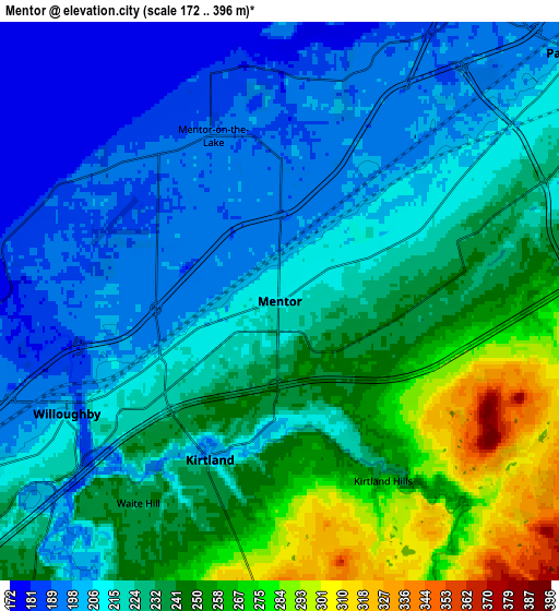 Zoom OUT 2x Mentor, United States elevation map