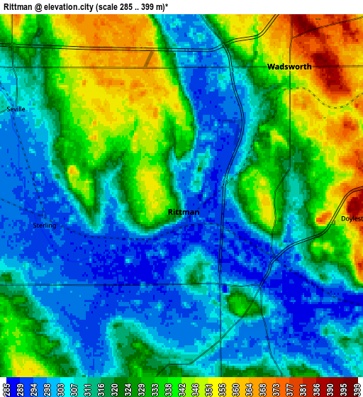 Zoom OUT 2x Rittman, United States elevation map