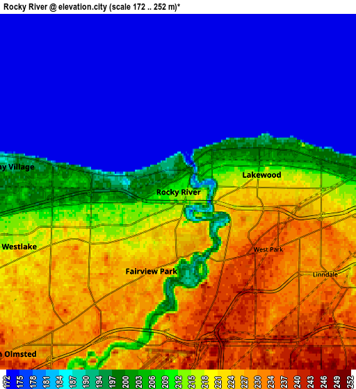 Zoom OUT 2x Rocky River, United States elevation map