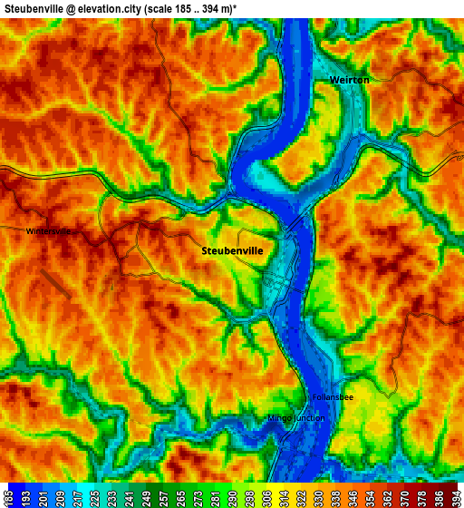 Zoom OUT 2x Steubenville, United States elevation map