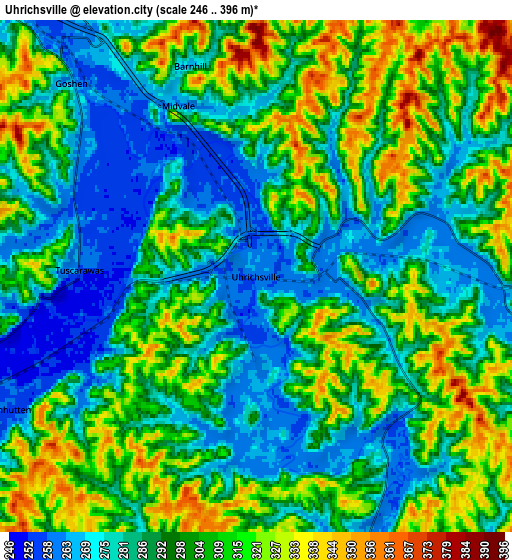 Zoom OUT 2x Uhrichsville, United States elevation map