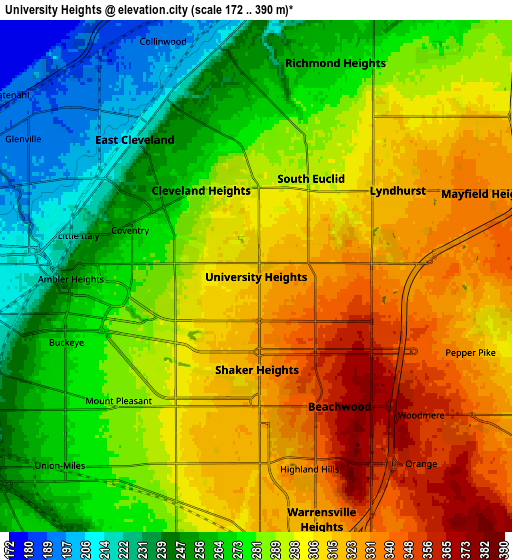 Zoom OUT 2x University Heights, United States elevation map