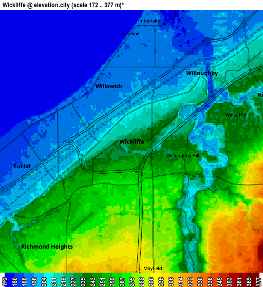 Zoom OUT 2x Wickliffe, United States elevation map