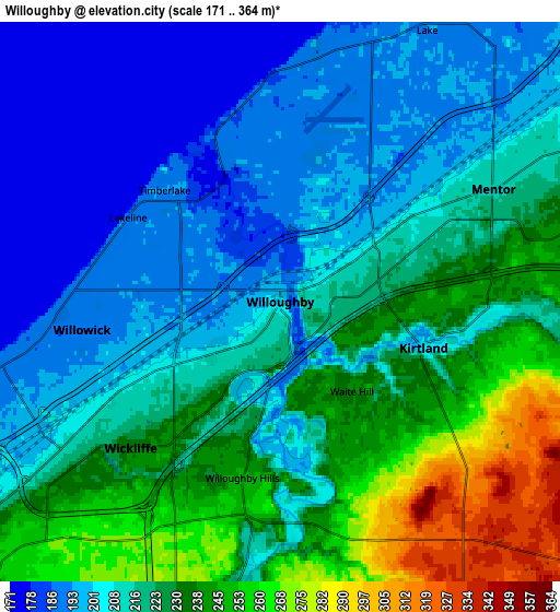 Zoom OUT 2x Willoughby, United States elevation map