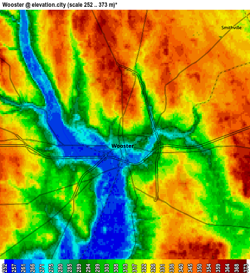 Zoom OUT 2x Wooster, United States elevation map