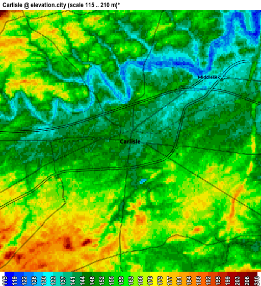 Zoom OUT 2x Carlisle, United States elevation map