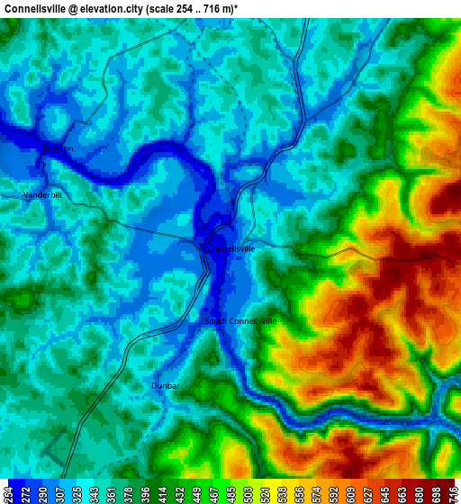 Zoom OUT 2x Connellsville, United States elevation map