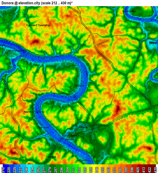 Zoom OUT 2x Donora, United States elevation map