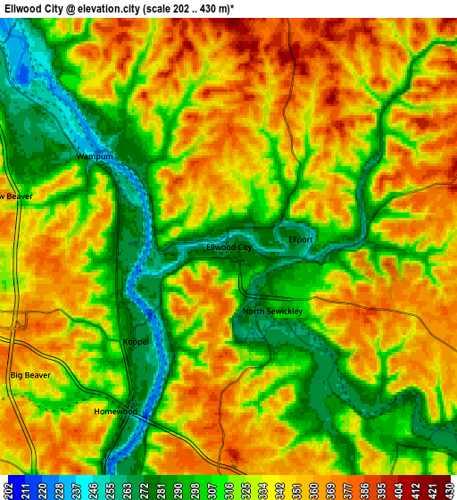 Zoom OUT 2x Ellwood City, United States elevation map