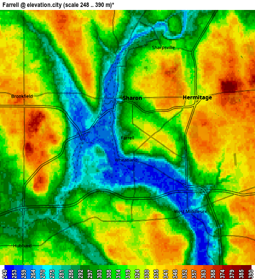 Zoom OUT 2x Farrell, United States elevation map