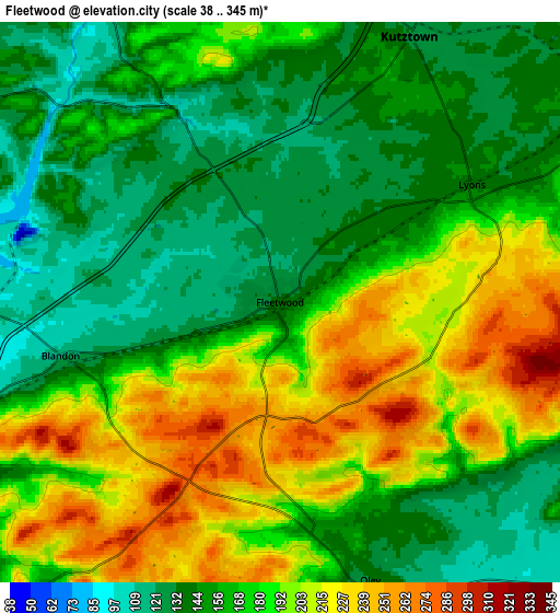 Zoom OUT 2x Fleetwood, United States elevation map