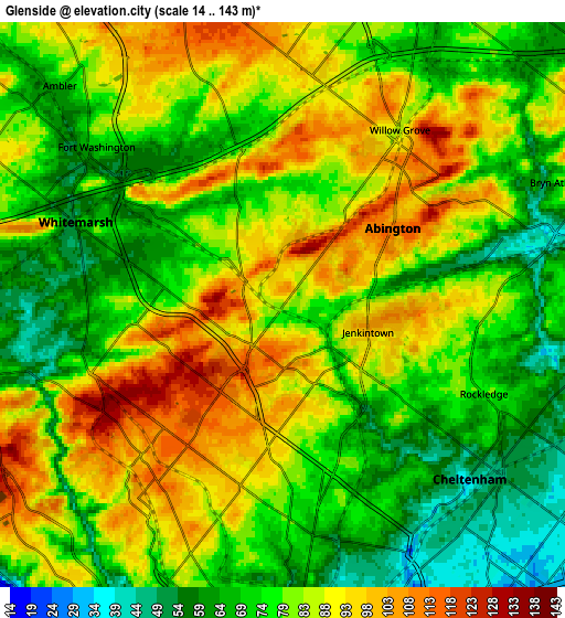 Zoom OUT 2x Glenside, United States elevation map