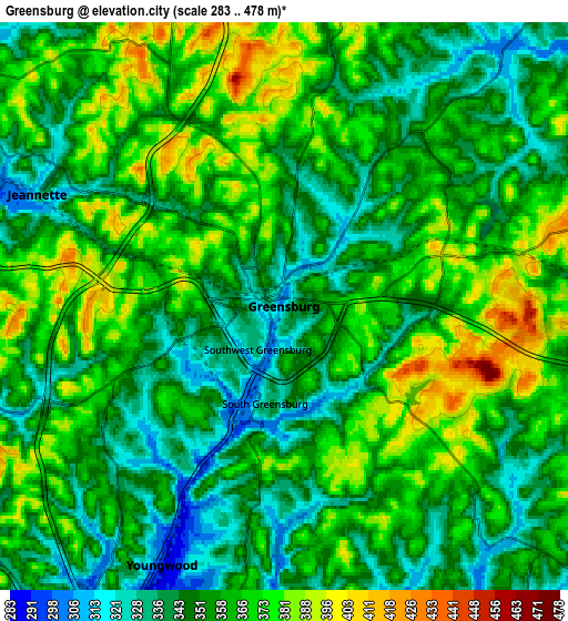 Zoom OUT 2x Greensburg, United States elevation map