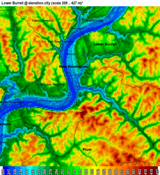 Zoom OUT 2x Lower Burrell, United States elevation map