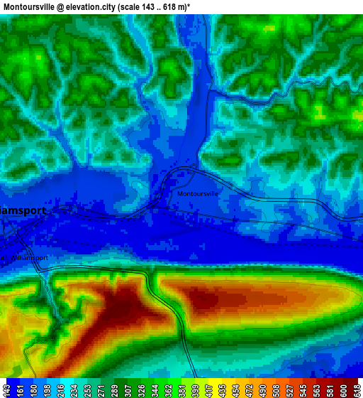 Zoom OUT 2x Montoursville, United States elevation map