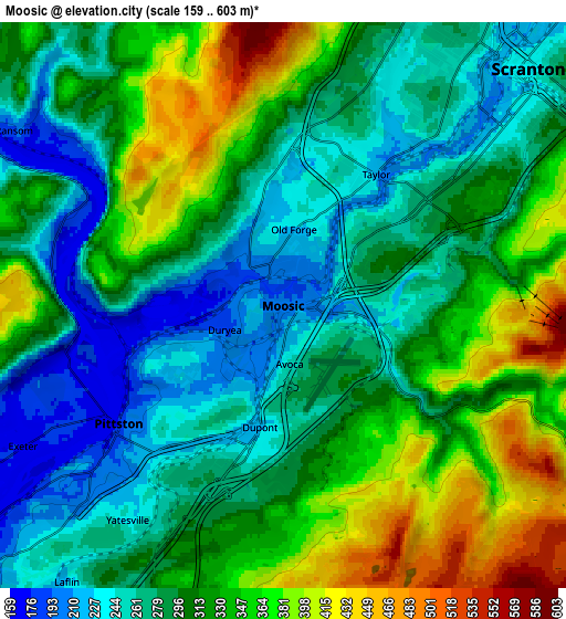 Zoom OUT 2x Moosic, United States elevation map