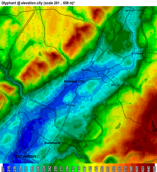 Zoom OUT 2x Olyphant, United States elevation map