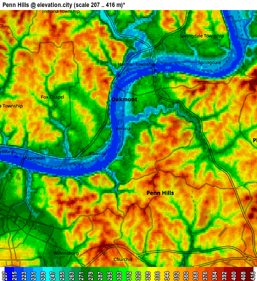 Zoom OUT 2x Penn Hills, United States elevation map