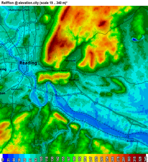 Zoom OUT 2x Reiffton, United States elevation map